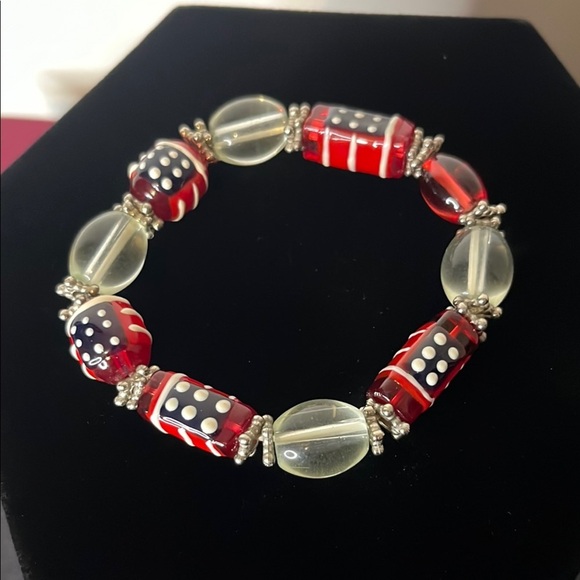 Lampwork Glass Bead American Flag 4th of July Red White Blue Stretch Bracelet - Picture 1 of 6